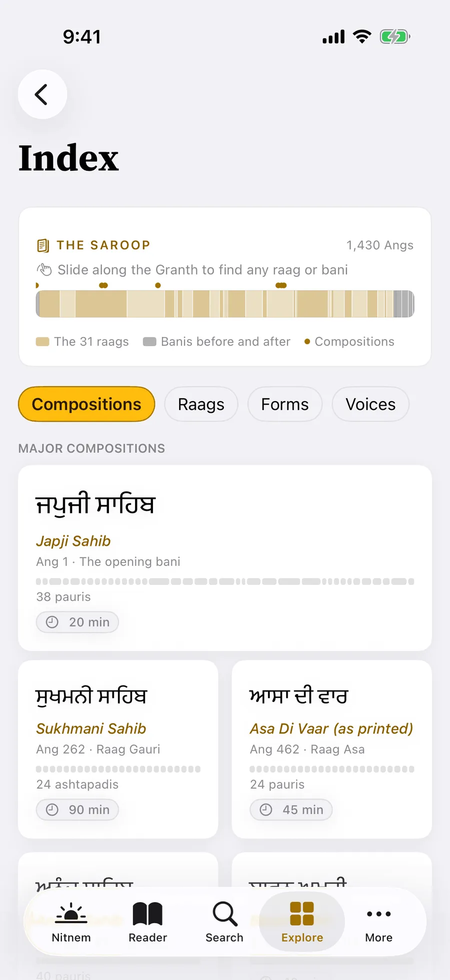 The Index on iPhone: the saroop ribbon across 1,430 Angs, and the major compositions with their reading times