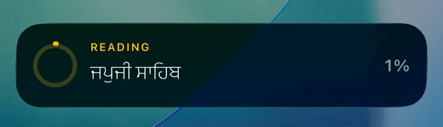 Live Activity on the Lock Screen: reading Japji Sahib, a progress ring at 1%