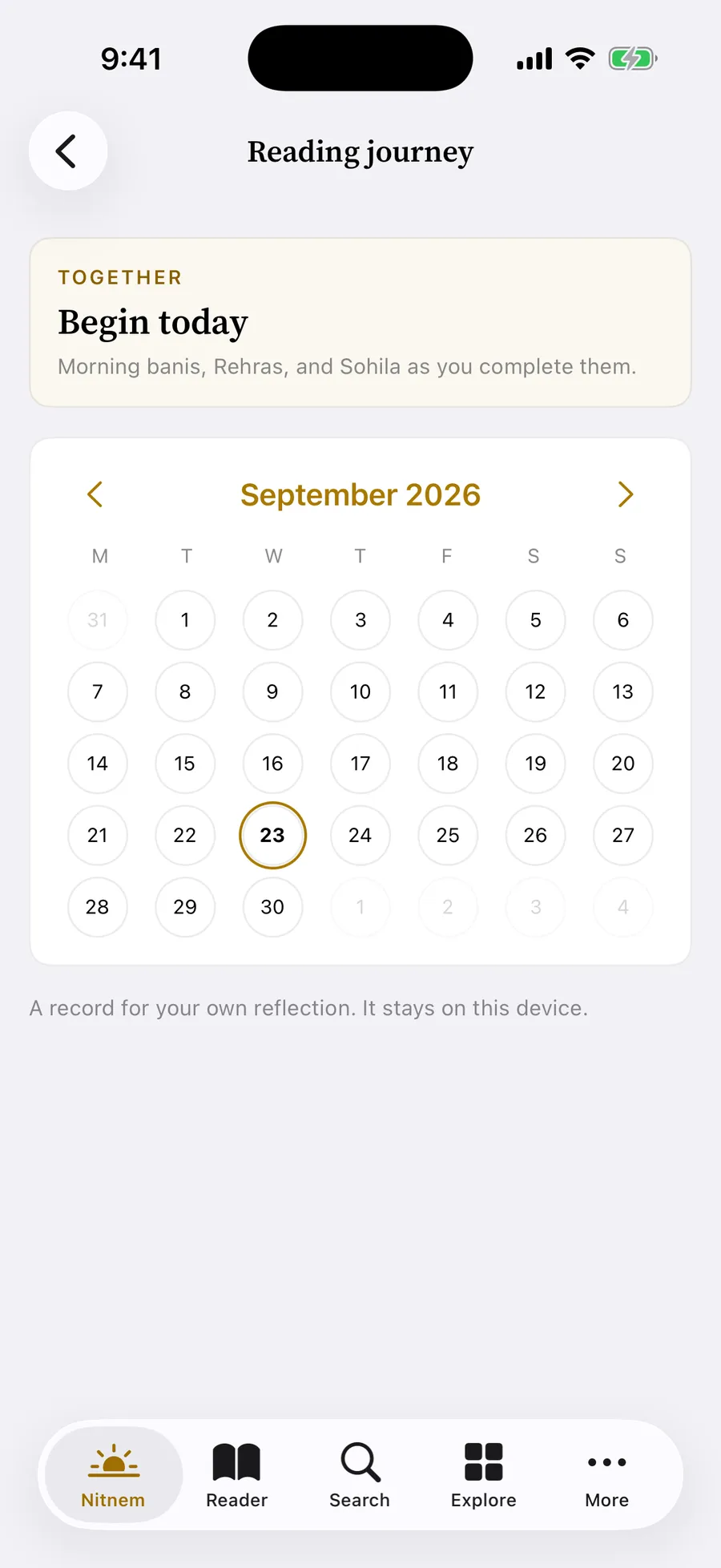 Nitnem reading journey on iPhone: the calendar where the days you read are kept