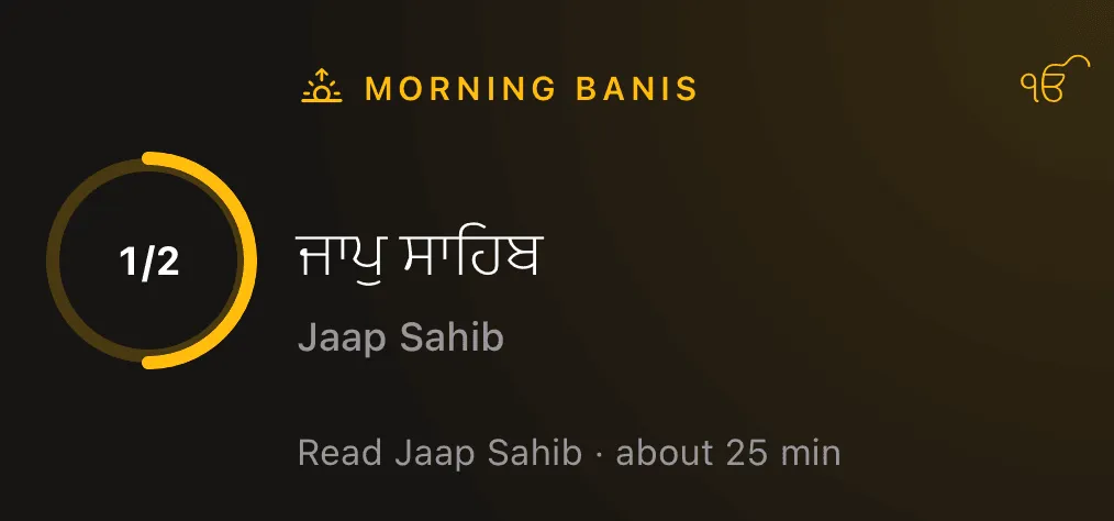 Nitnem widget, medium, in the dark scheme: the morning banis, with Jaap Sahib next and a progress ring